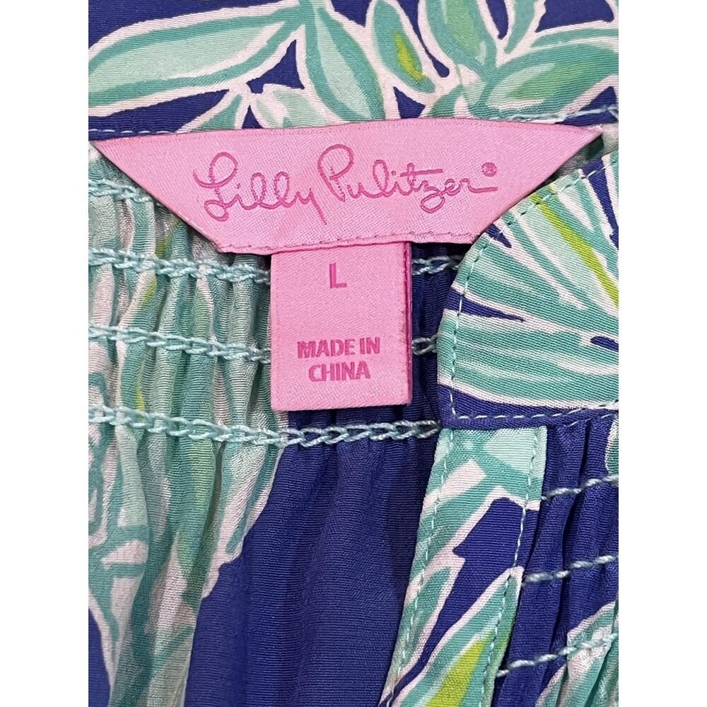 Lilly Pulitzer Top Womens Large Blue Green Silk Halter Tunic Sleeveless Tropical - Picture 8 of 9